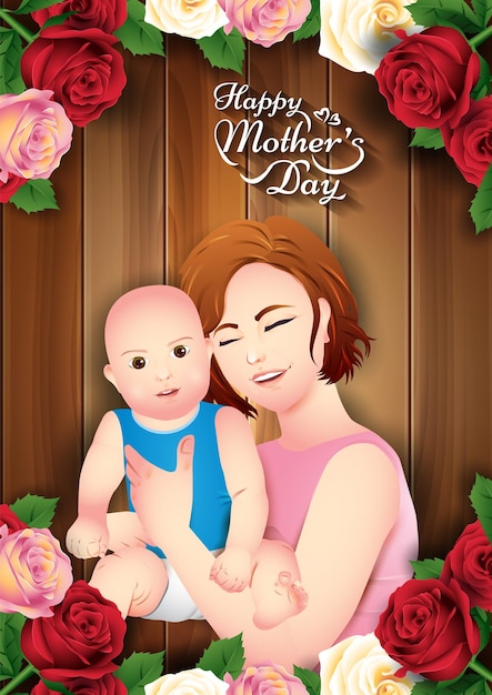 Design de modelo para feliz dia das mães com ilustração de mãe e bebê