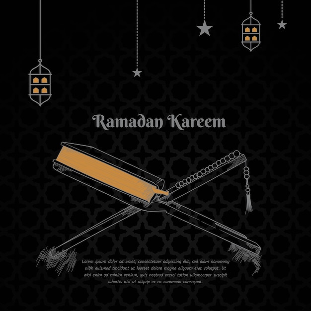 Vetor design de modelo ramadan kareem com design desenhado à mão alqur39an com estrela e lanterna simples
