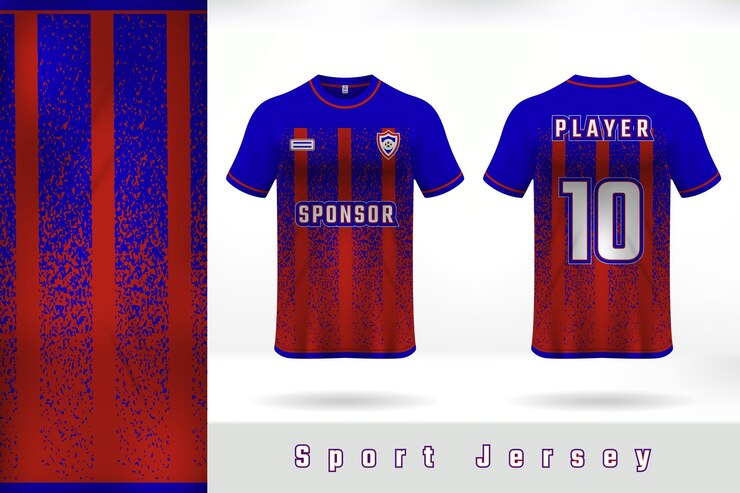 Design de modelo uniforme de camisa de futebol vermelho e azul