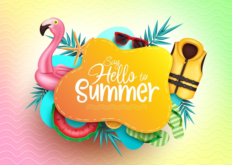 Vetor design de modelo vetorial de verão olá texto de verão em padrão abstrato de folhagem com folhas e chamas