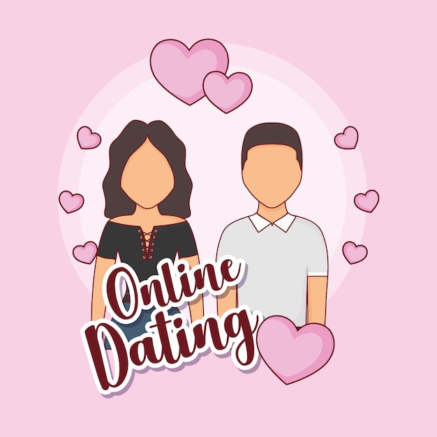 Design de namoro on-line com casal avatar e corações ao redor