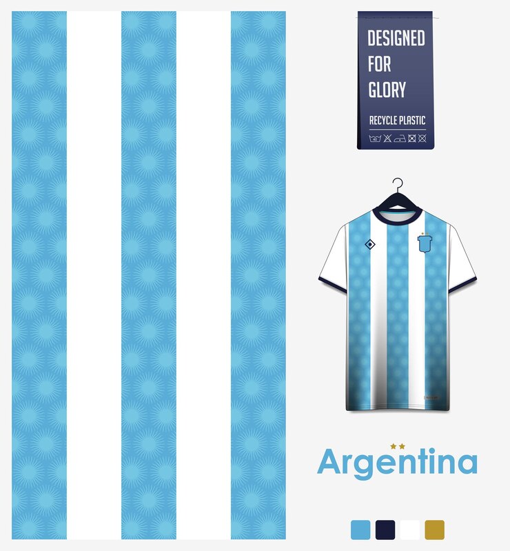 Design de padrão de camisa de futebol. Padrão de bandeira da Argentina sobre fundo azul. Fundo do esporte.