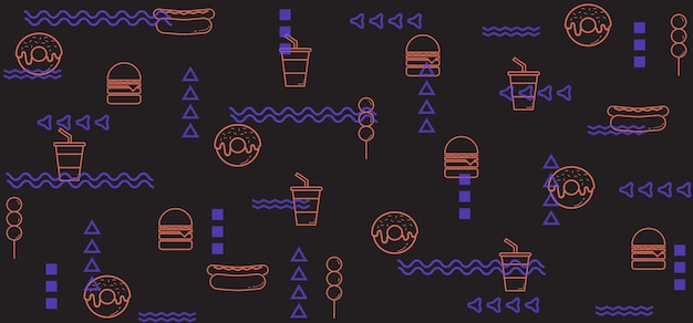Design de padrão de contorno linear de fast-food. Ilustração de desenho vetorial de tecido.