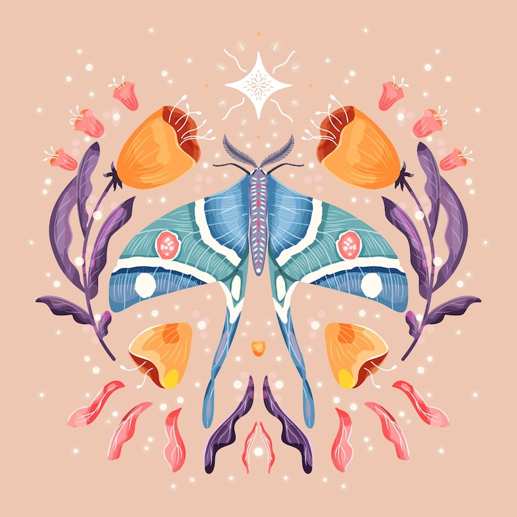 Vetor design de padrão de mariposa e motivos florais em simetria ilustração vetorial plana colorida com elementos florais e estrelas de flores de mariposa