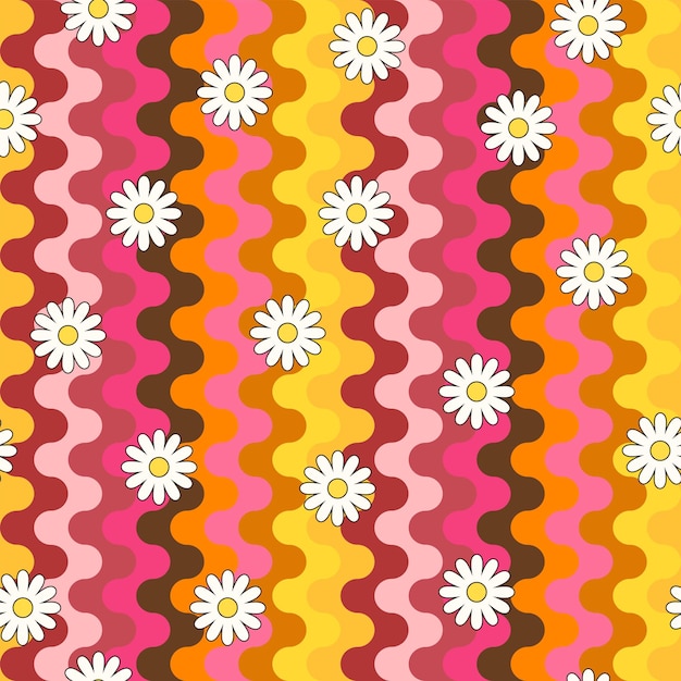 Vetor design de padrão hippie psicodélico padrão vetorial sem costura camomila 60s 70s retrô fundo vintage