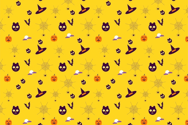 Design de padrão sem costura assustador de halloween com rostos de gato e chapéus de bruxa vetor padrão mínimo abstrato para evento de halloween padrão sem fim com teias de aranha em um fundo amarelo