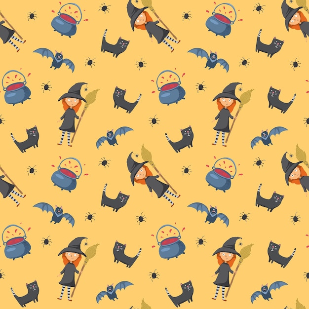 Design de padrão sem costura de Halloween Elementos de desenho animado bonitos Ilustração vetorial de fundo de férias
