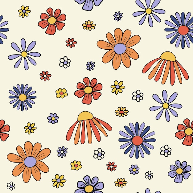 Design de padrão sem costura estilo retrô com ilustração vetorial de flores