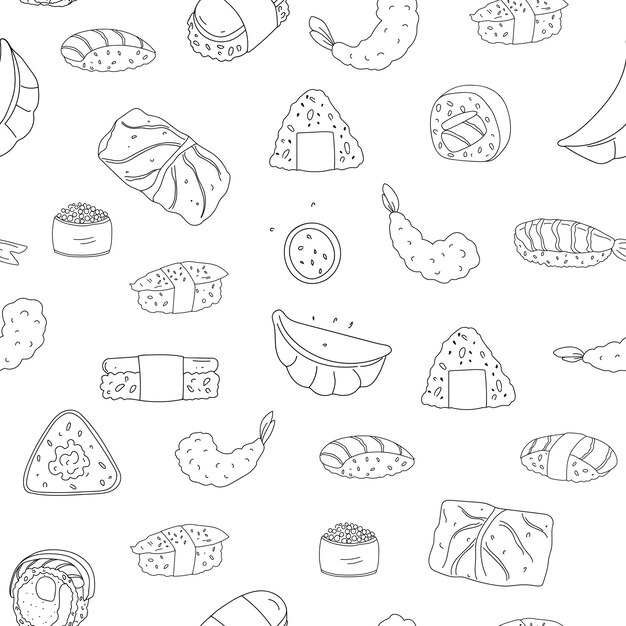 Design de padrão sem emenda de comida asiática. Contorne a ilustração vetorial de bolinhos, sushi, onigiri, camarão