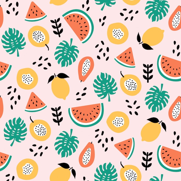 Design de padrão sem emenda de mistura de frutas tropicais em fundo rosa claro