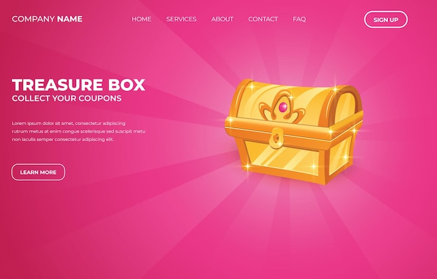 Design de página da Web de destino de caixa de tesouro, plano de fundo de venda de cupom