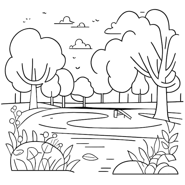 Vetor design de páginas para colorir kawaii e anime cena de paisagem de parque vazio com rio ou natureza e árvore