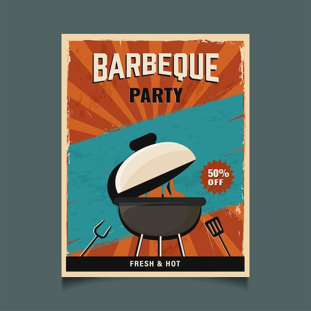 Design de panfleto de churrasco estilo retrô com oferta de desconto de 50 grelhados a carvão para publicidade