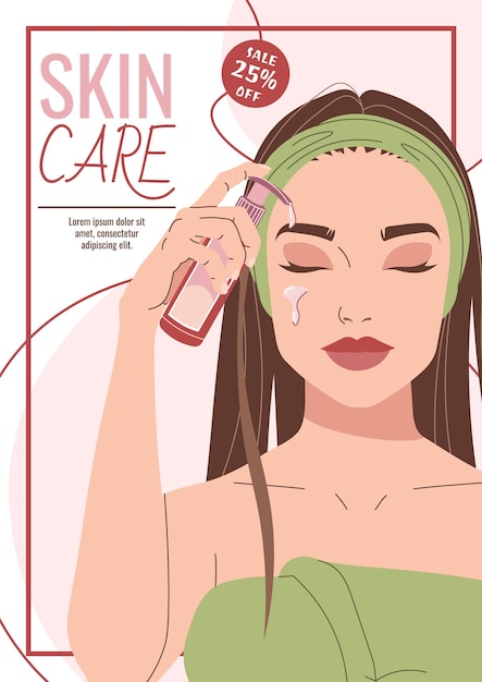 Design de panfleto de cuidados com a pele Poster com mulher bonita hidratando o rosto Cuidados com a pele facial Banner para spa de salão de beleza etc.
