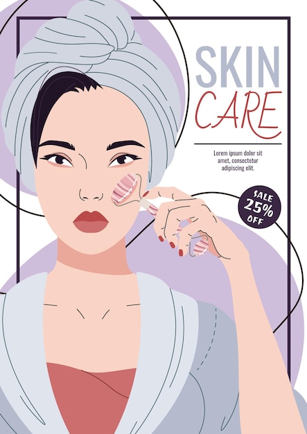 Design de panfleto de cuidados com a pele Poster com uma mulher asiática fazendo massagem gua sha Cuidados com a pele facial hidratante da pele Banner para spa de salão de beleza etc.