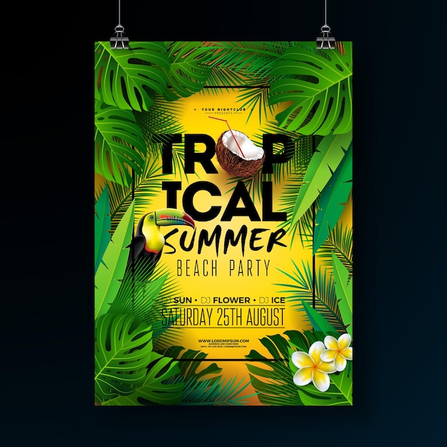 Vetor design de panfleto de festa de praia de verão tropical com folha de palmeira tropical de flor e pássaro tucano