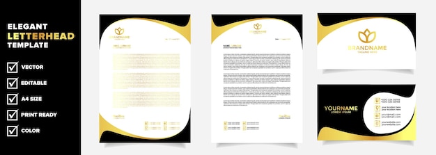 Vetor design de papel timbrado dourado e modelo de cartão de visita formato editável de cor de luxo a4