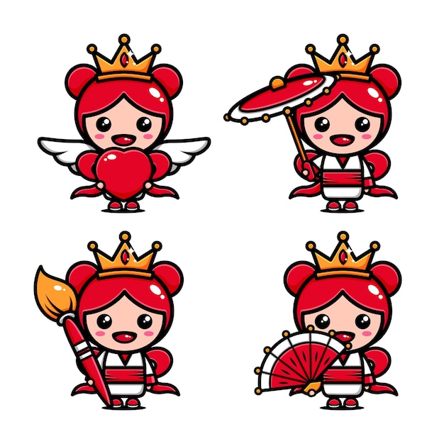 Design de personagem fofa rainha pequena com muitas expressões