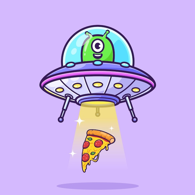 Design de personagem fofo ufo alienígena voando ufo pizza abdução espaço céu isolado ilustração vetorial ch