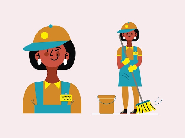 Design de personagem plano de faxineira de meados do século
