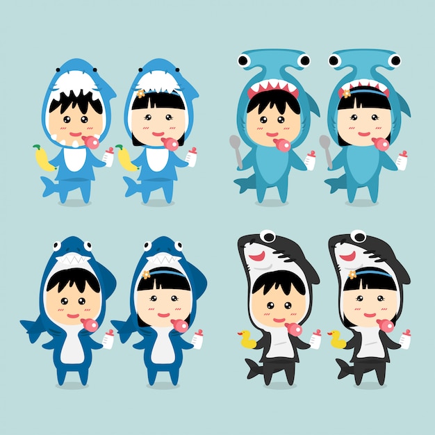 Design de personagens bonitos crianças vestindo shark costume set.