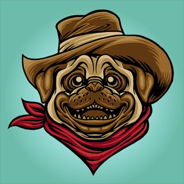 Vetor design de personagens de cabeça de cachorro pug cowboy