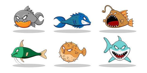 Design de personagens de peixe monstro vetorial para designer gráfico fazer cartaz de folheto de banner de site de cartão e impressão o conjunto contém peixes monstros em várias poses e emoções
