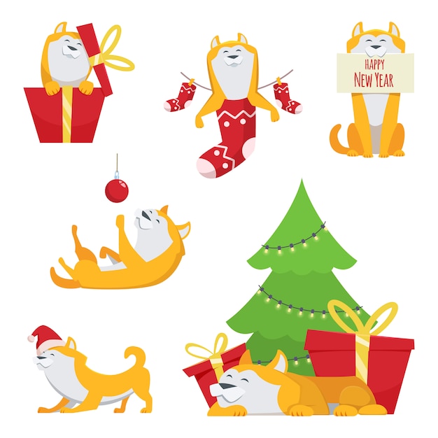 Design de personagens em estilo cartoon. cão amarelo em poses de ação. símbolo do ano de 2018. cachorro de personagem de desenho animado para ilustração de ano novo de férias