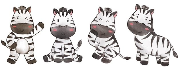 Design de pintura zebra aquarela conjunto de personagem de desenho animado animal fofo vector