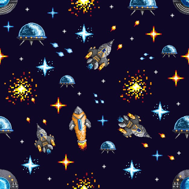 Vetores de Pixel Art Estilo Ovni Jogo De Arcade De Guerra Espacial Modelo  Explosão De Pixels E Nave Espacial Um Jogo Retrô De 8 Bits Inspirado Nos  Anos 90 Da Moda Espaço