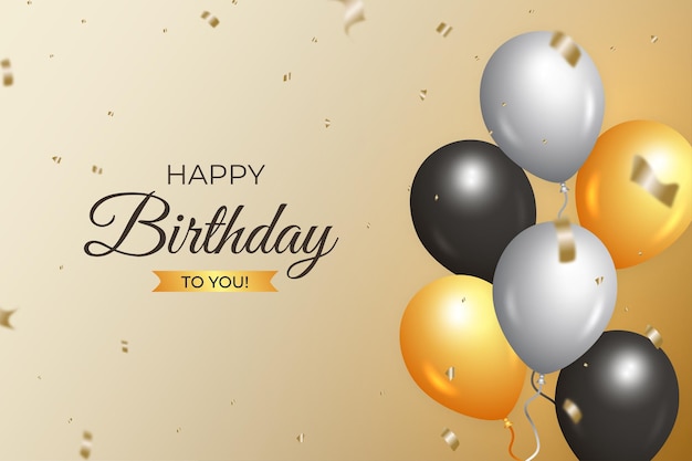 Design de postagem de aniversário em mídia social, parabéns para você com fundo dourado dourado e balões brancos e escuros, confetes dourados