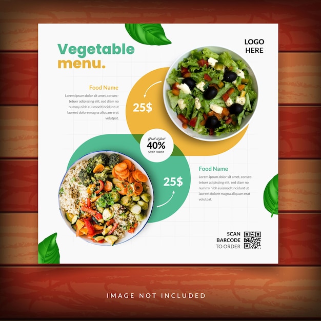 Design de postagem de mídia social de banner de menu de comida Modelo de mídia social editável para promoção no menu de comida