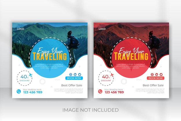 Design de postagem de mídia social editável para agência de viagens e design de modelo de banner da web