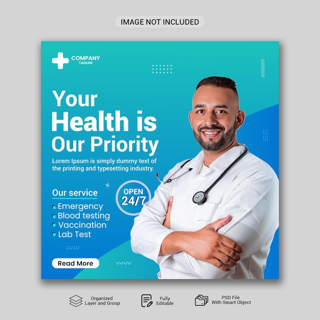 Design de postagem de mídia social médica para modelo de banner de hospital de promoção de negócios