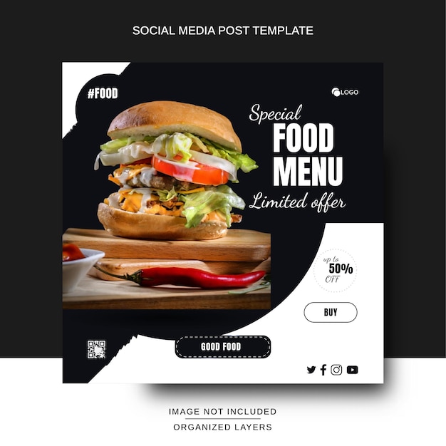 Design de postagem de mídia social para menu de comida