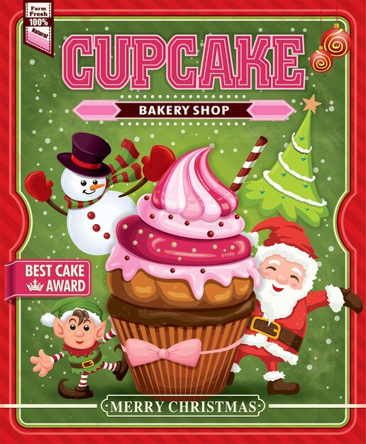 Design de pôster de cupcake de natal vintage com boneco de neve de elfo de papai noel