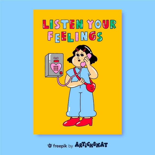 Design de pôster ilustrado de amor próprio com garota no telefone