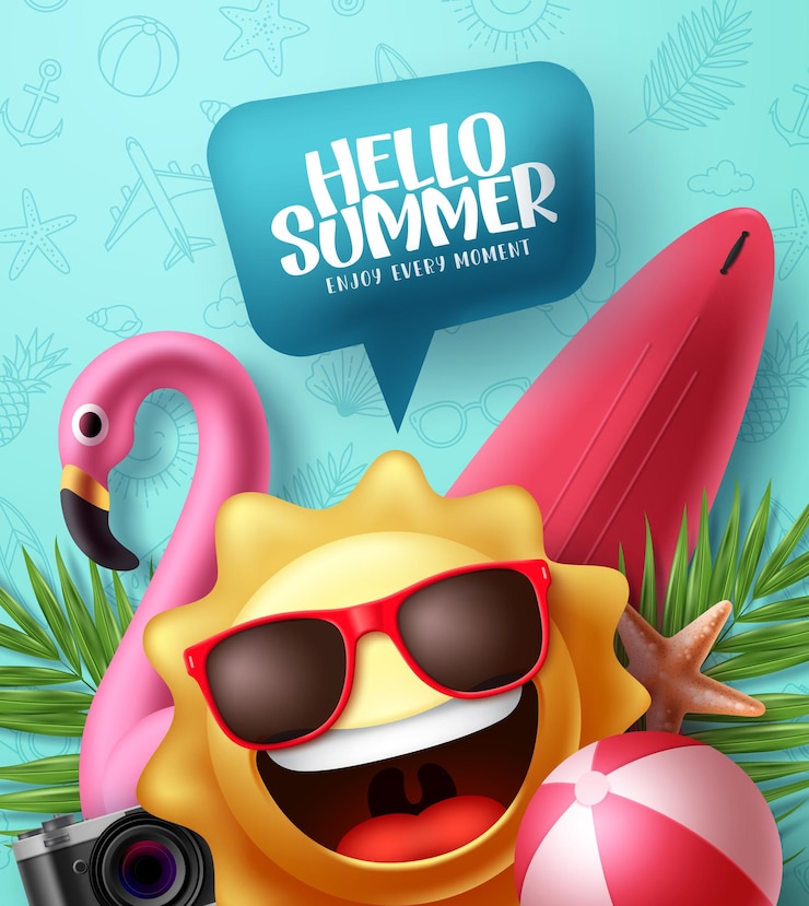 Vetor design de pôster vetorial de verão olá texto de saudação de verão em bolha de fala com caractere emoji de sol