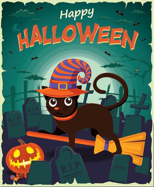 Vetor design de pôster vintage de halloween com gato