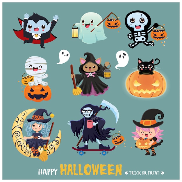 Design de pôster vintage de Halloween com vetor múmia bruxa morcego ceifador vampiro múmia fantasma