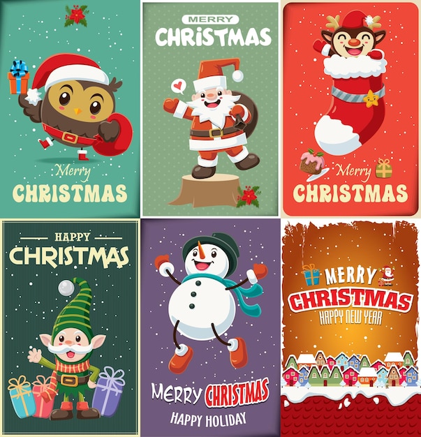 Design de pôster vintage de natal com personagens de coruja do boneco de neve rena do papai noel