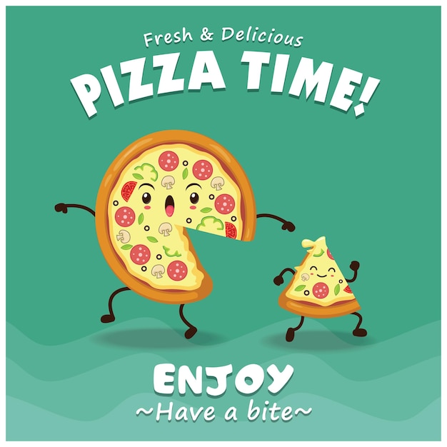 Design de pôster vintage de pizza com personagem de pizza vetorial.