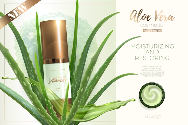 Design de publicidade para produtos cosméticos. Creme hidratante, gel, loção corporal com extrato de aloe vera.