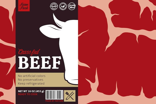 Design de rótulo de carne vetorial ícone de vaca fundo de bife de carne