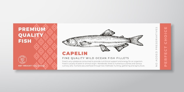 Design de rótulo de embalagem vetorial capelin de qualidade premium tipografia moderna e silhueta de peixe desenhada à mão frutos do mar layout de fundo do produto