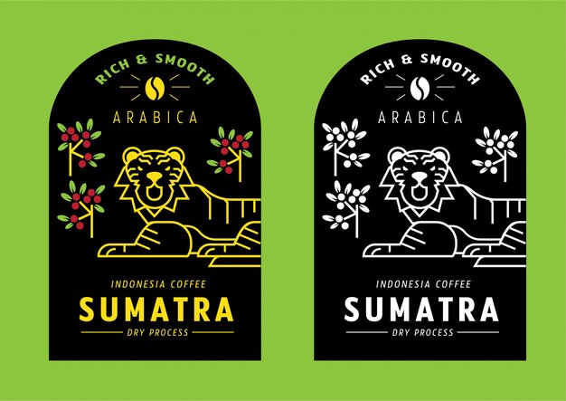 Design de rótulo de feijão de café sumatra arábica com tigre