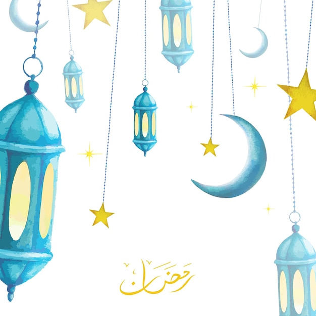 Design de saudação do ramadã com lanterna azul pendurada, luas crescentes e ilustração de ornamento de estrelas