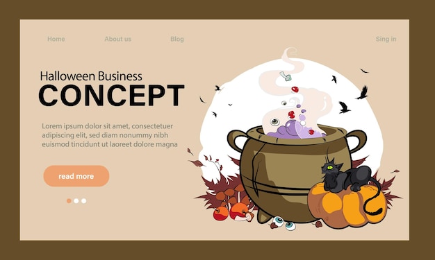 Design de site de festa feliz dia das bruxas. Modelo de página de destino com símbolos de celebração de Halloween.
