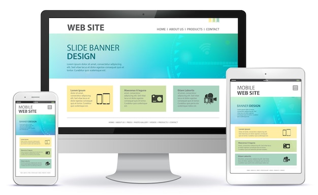 Design de site responsivo com ilustração de tela de computador desktop para celular e tablet PC