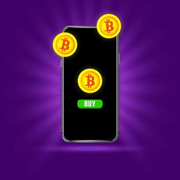 Vetor design de smartphone com transação bitcoin e fundo roxo brilhante